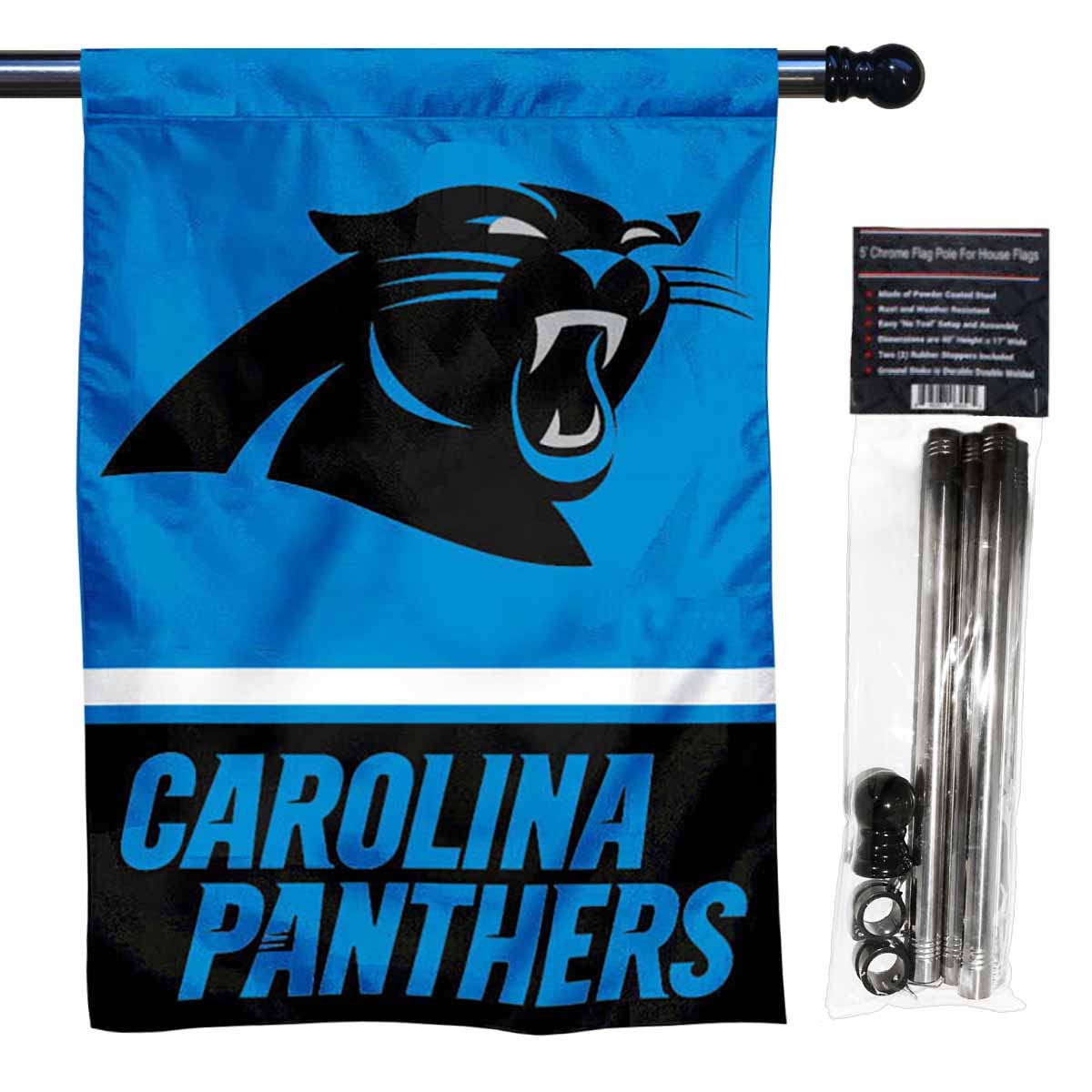 WinCraft Panthers Banner House Flag and 5 Foot Flagpole Set - Sports Collectibles, Sports Memorabilia, Sports Fan Shop, Sports Gifts