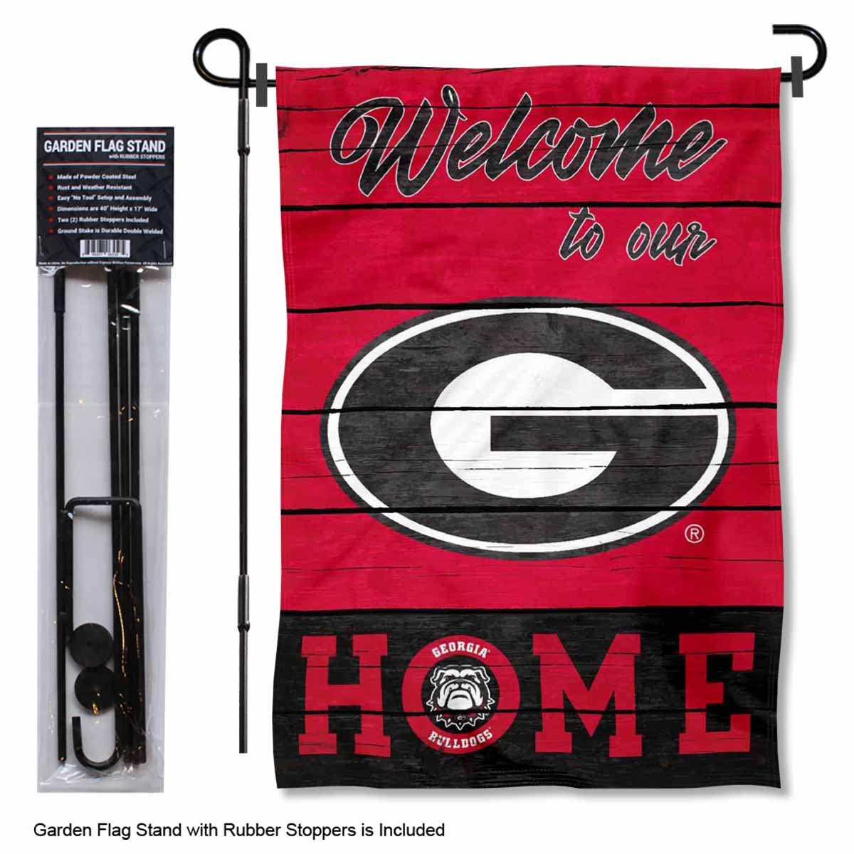 College Flags & Banners Co. Georgia Bulldogs Welcome to Our Home Garden Flag with Stand Holder - Sports Collectibles, Sports Memorabilia, Sports Fan Shop, Sports Gifts