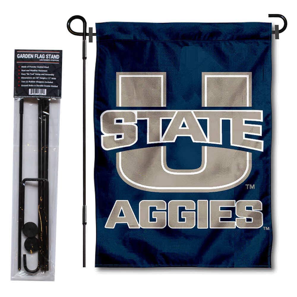 Utah State University Garden Flag and USA Flag Stand Pole Holder Set - Sports Collectibles, Sports Memorabilia, Sports Fan Shop, Sports Gifts