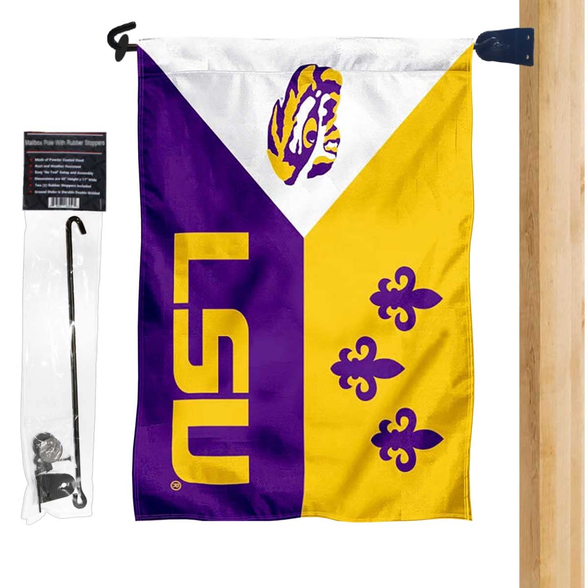 LSU Tiger Acadian Logo Garden Flag and Mailbox Post Pole Mount Holder Set - Sports Collectibles, Sports Memorabilia, Sports Fan Shop, Sports Gifts