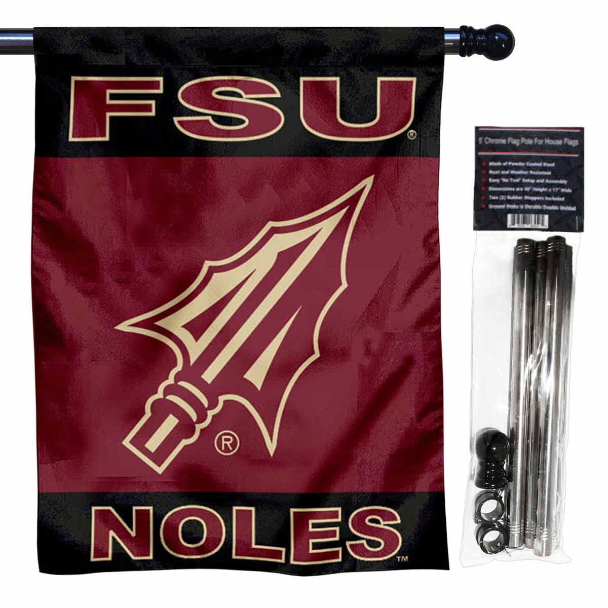 College Flags & Banners Co. FSU Seminoles Spearhead Logo Two Sided House Flag with Flag Pole Set - Sports Collectibles, Sports Memorabilia, Sports Fan Shop, Sports Gifts