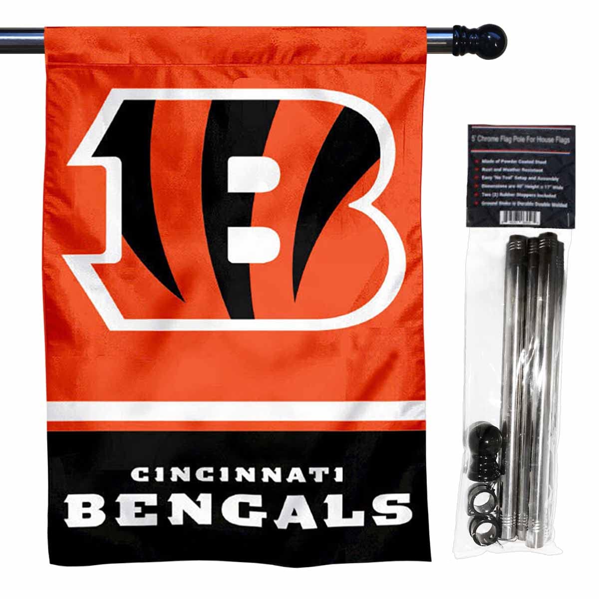 WinCraft Bengals Banner House Flag and 5 Foot Flagpole Set - Sports Collectibles, Sports Memorabilia, Sports Fan Shop, Sports Gifts