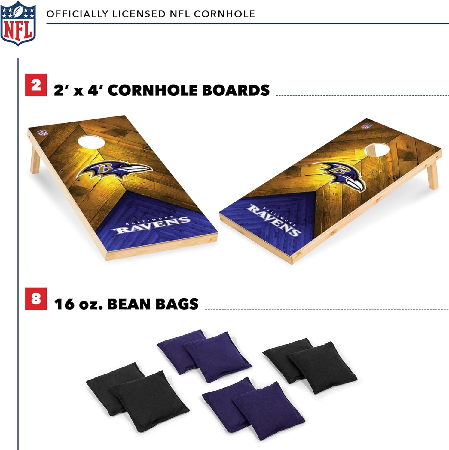 Wild Sports NFL Baltimore Ravens 2' x 4' Regulation Size Solid Wood Cornhole Set with Direct Print HD Team Graphics - Sports Collectibles, Sports Memorabilia, Sports Fan Shop, Sports Gifts