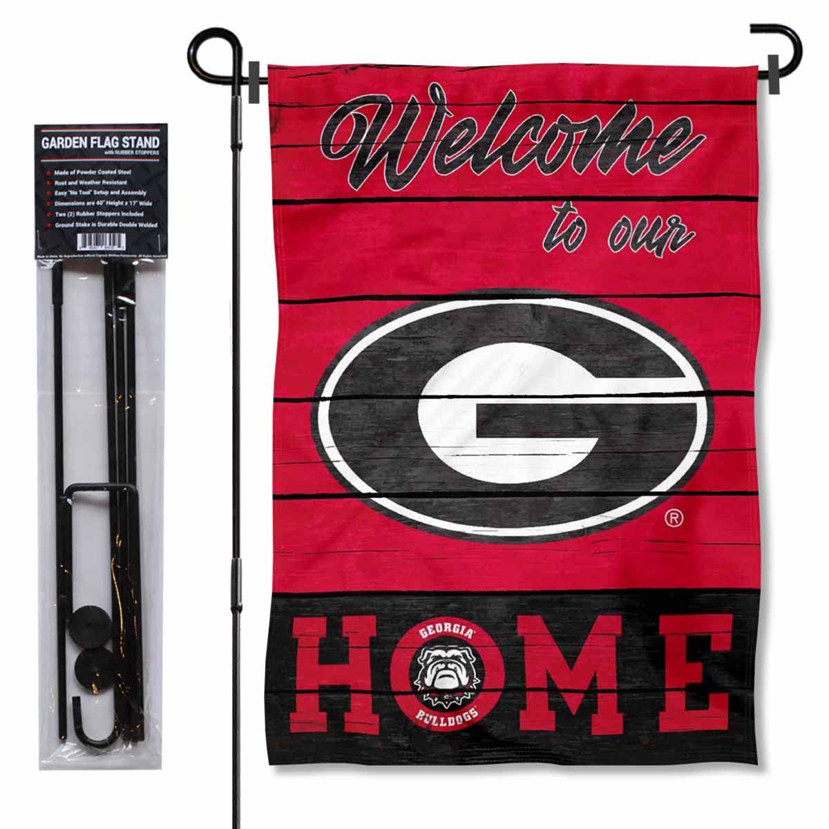 College Flags & Banners Co. Georgia Bulldogs Welcome to Our Home Garden Flag with Stand Holder - Sports Collectibles, Sports Memorabilia, Sports Fan Shop, Sports Gifts