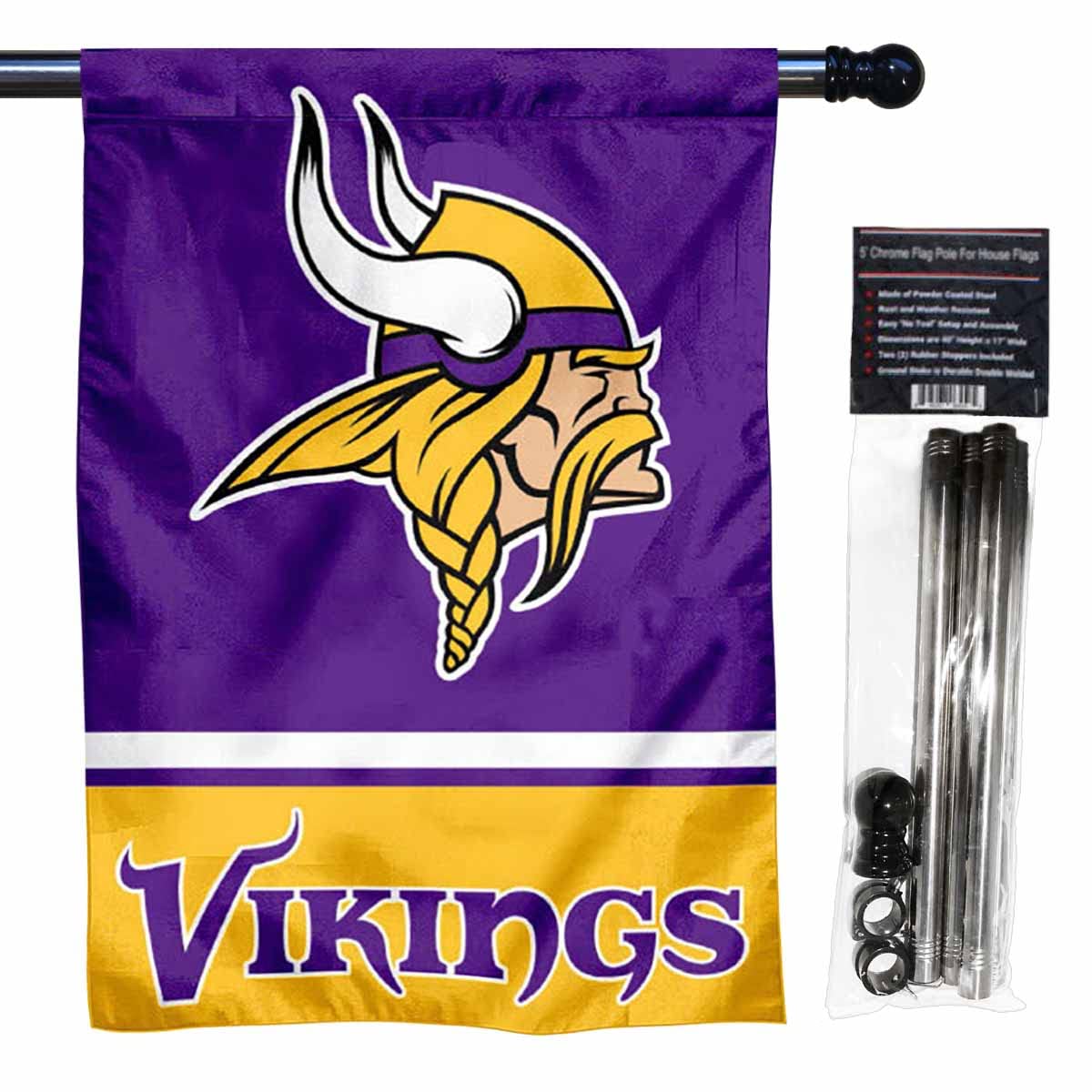 WinCraft Vikings Banner House Flag and 5 Foot Flagpole Set - Sports Collectibles, Sports Memorabilia, Sports Fan Shop, Sports Gifts