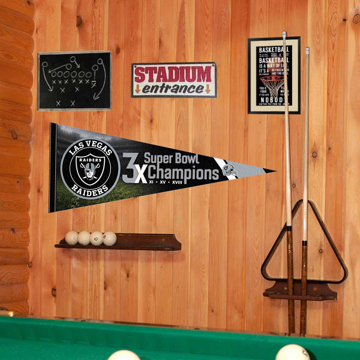 WinCraft Las Vegas Raiders 3 Time Bowl Champions Pennant Banner Flag - Sports Collectibles, Sports Memorabilia, Sports Fan Shop, Sports Gifts