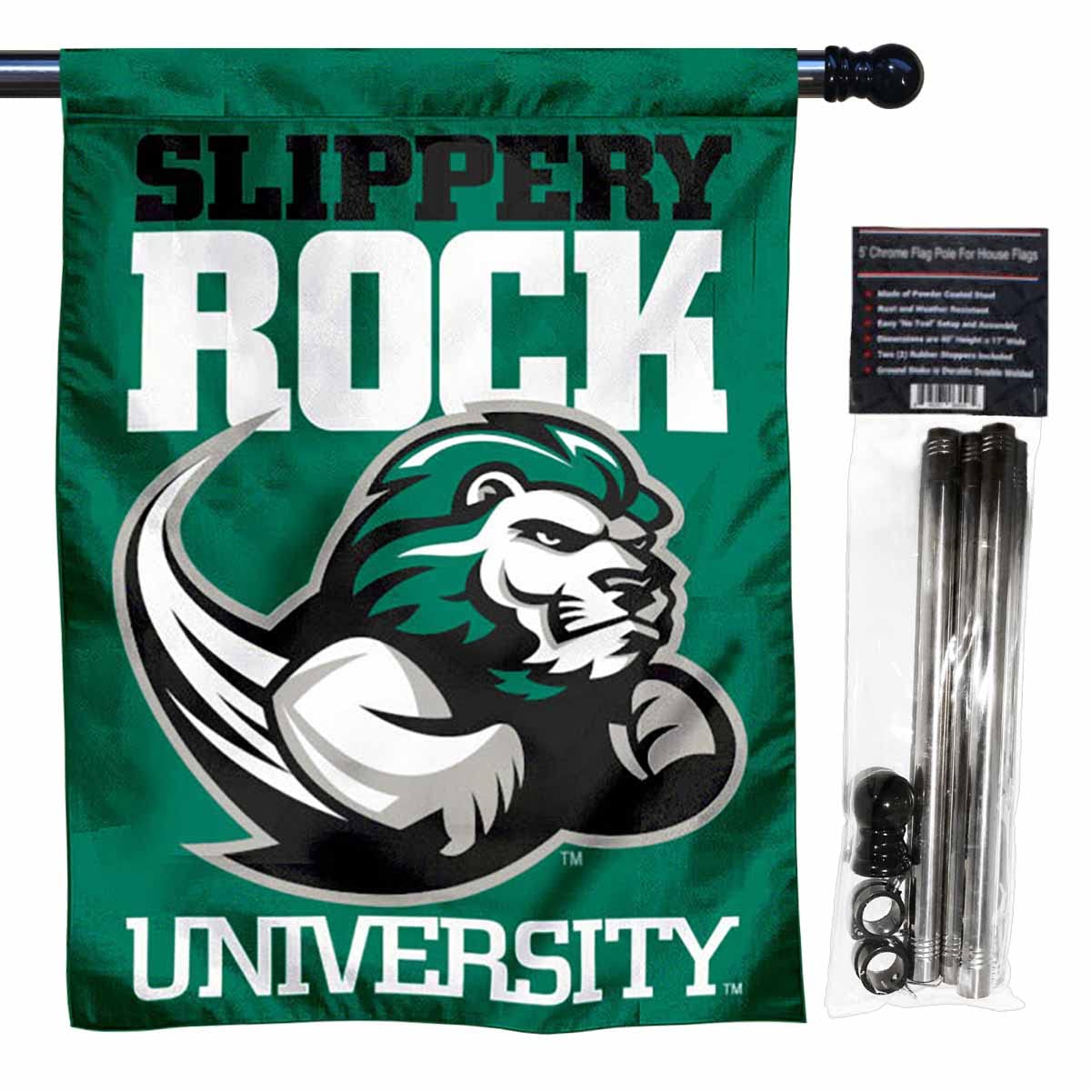 College Flags & Banners Co. Slippery Rock Double Sided House Flag with Flag Pole Set - Sports Collectibles, Sports Memorabilia, Sports Fan Shop, Sports Gifts
