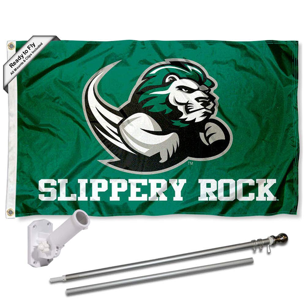College Flags & Banners Co. Slippery Rock New Logo Flag and Pole Bracket Mount Bundle - Sports Collectibles, Sports Memorabilia, Sports Fan Shop, Sports Gifts