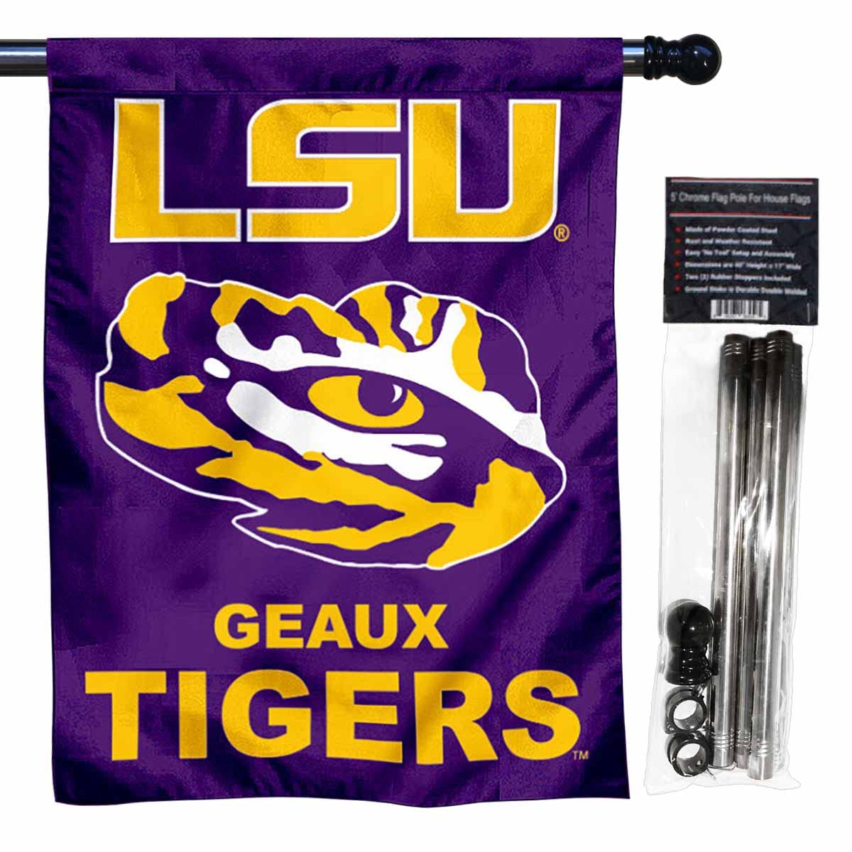College Flags & Banners Co. LSU Geaux Tigers House Flag with Flag Pole Set - Sports Collectibles, Sports Memorabilia, Sports Fan Shop, Sports Gifts
