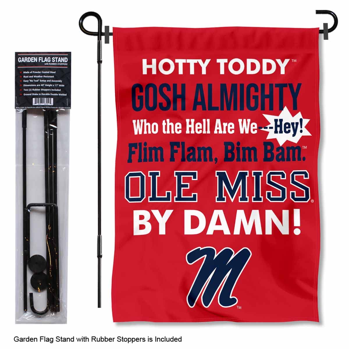College Flags & Banners Co. Ole Miss Hotty Toddy Garden Flag with Pole Stand Holder - Sports Collectibles, Sports Memorabilia, Sports Fan Shop, Sports Gifts