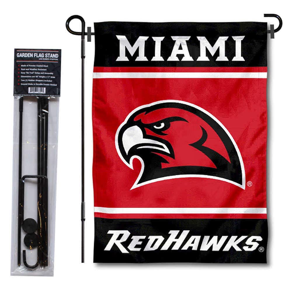 College Flags & Banners Co. Miami Redhawks Garden Flag and USA Flag Stand Pole Holder Set - Sports Collectibles, Sports Memorabilia, Sports Fan Shop, Sports Gifts