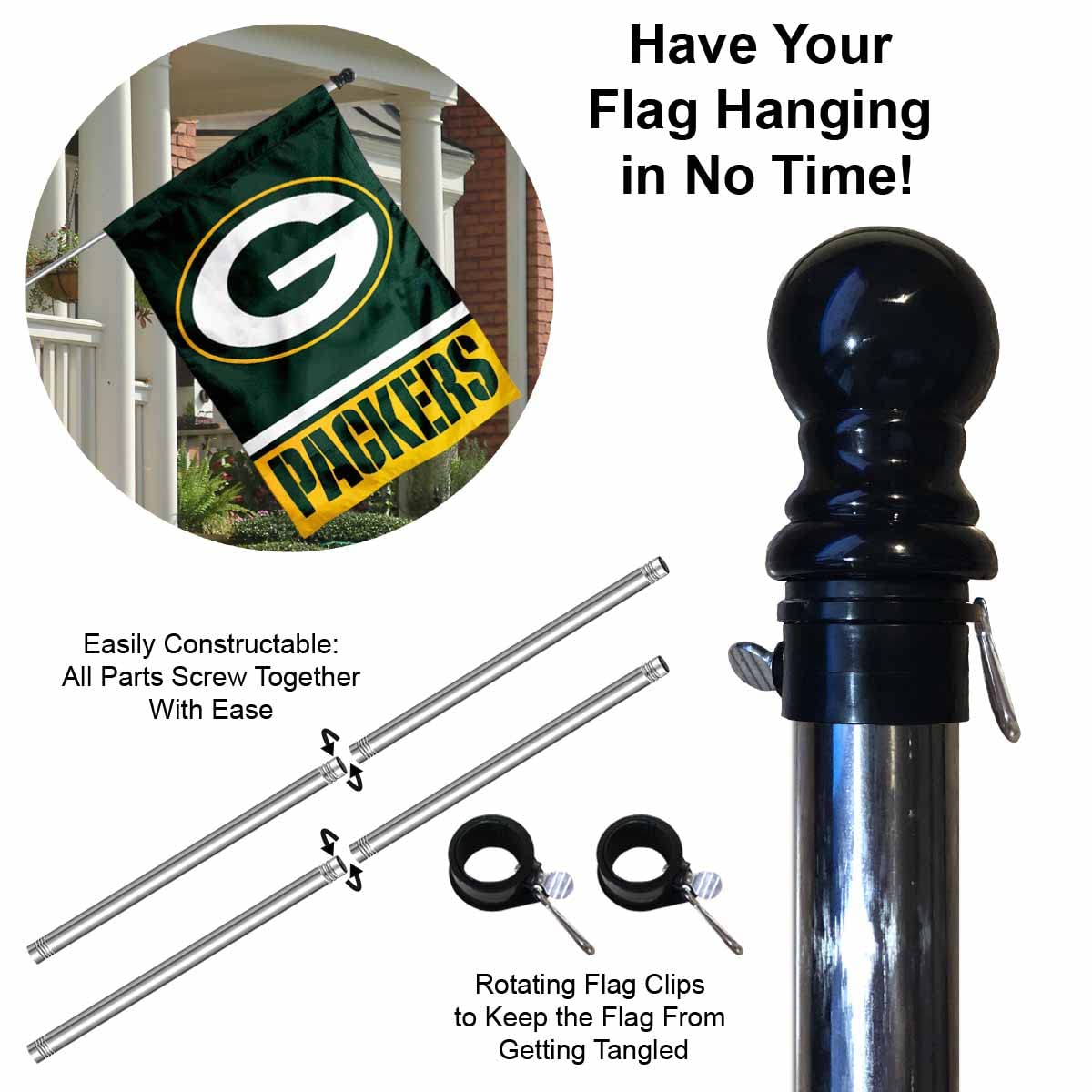 WinCraft Packers Banner House Flag and 5 Foot Flagpole Set - Sports Collectibles, Sports Memorabilia, Sports Fan Shop, Sports Gifts