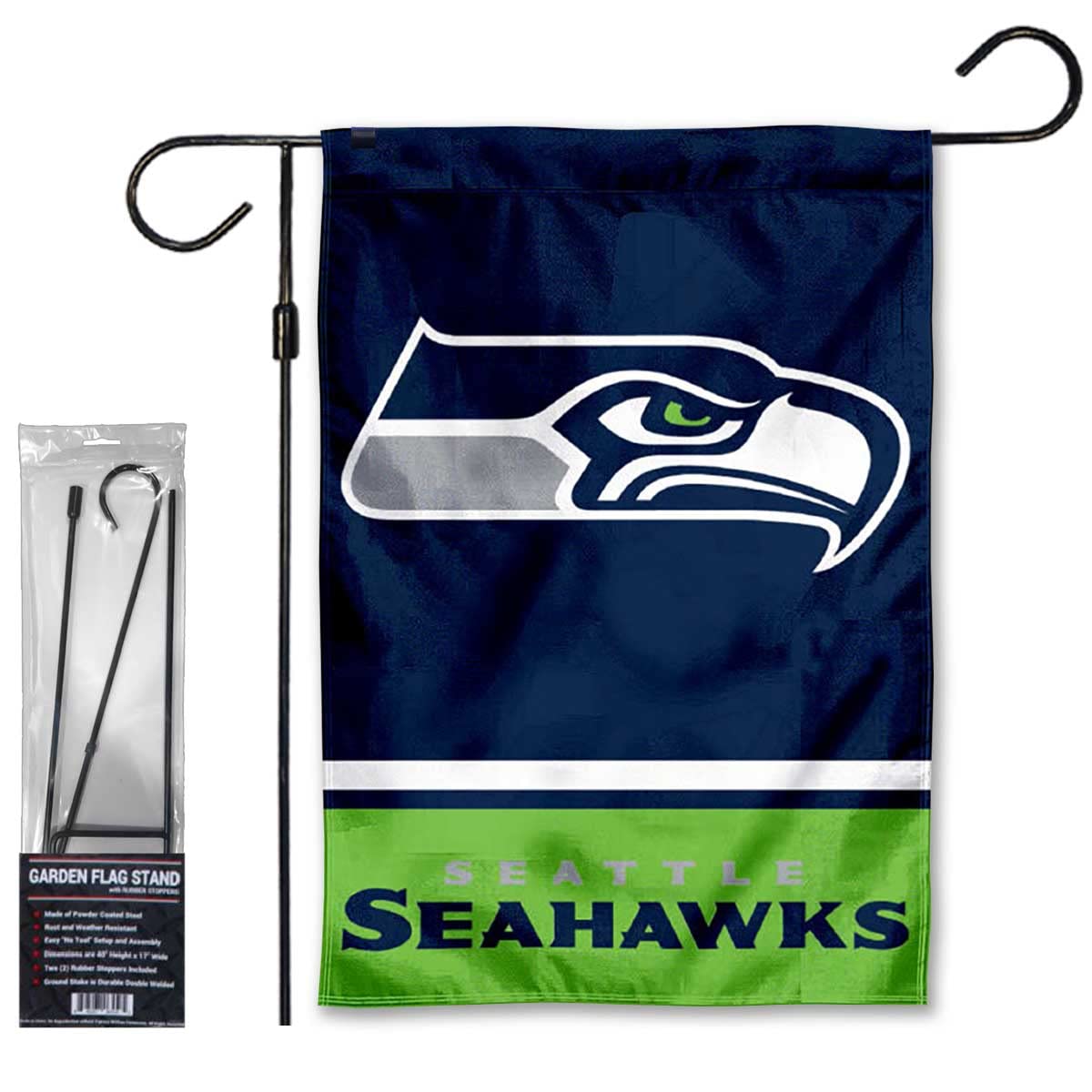 WinCraft Seahawks Garden Flag and Stand Pole Holder Mount - Sports Collectibles, Sports Memorabilia, Sports Fan Shop, Sports Gifts
