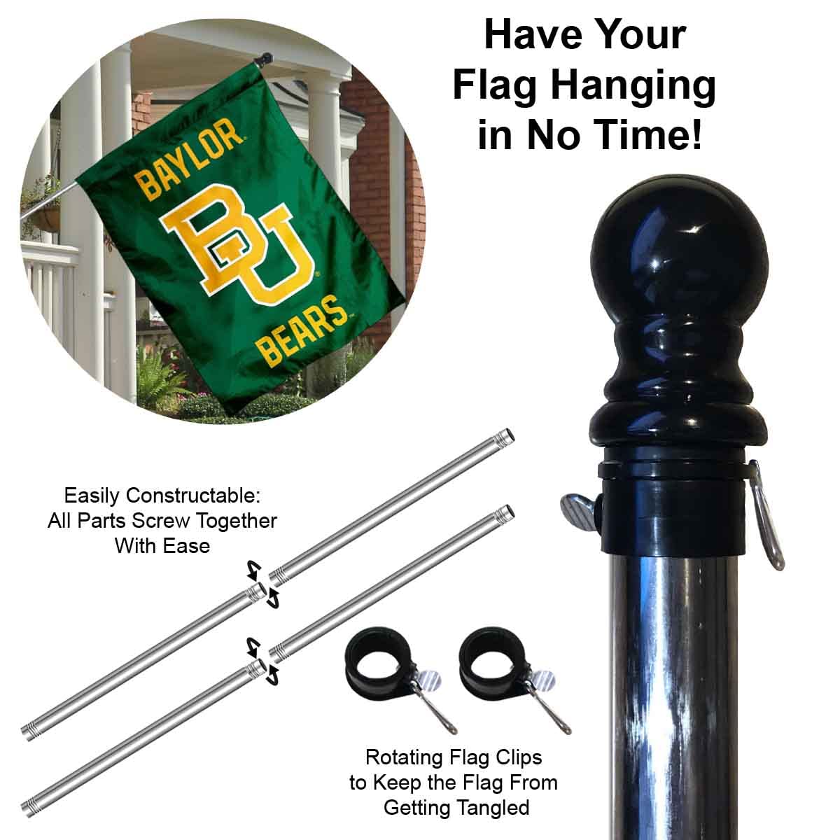Baylor Bears Logo Double Sided House Flag with Flag Pole Set - Sports Collectibles, Sports Memorabilia, Sports Fan Shop, Sports Gifts