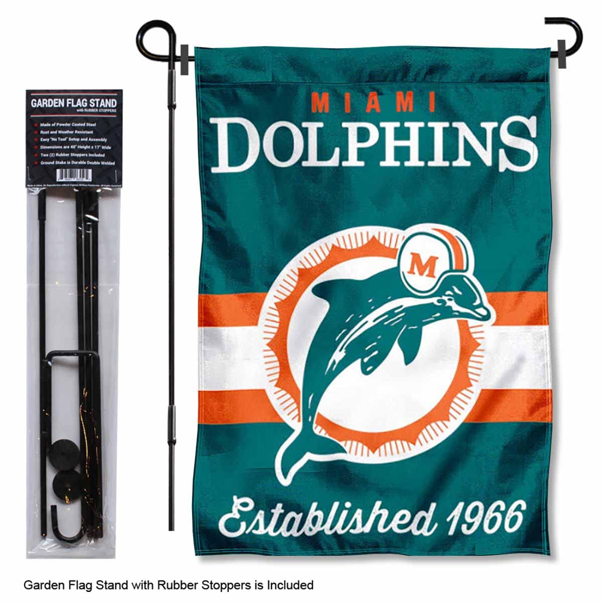 WinCraft Miami Dolphins Throwback Retro Vintage Garden Flag and Flagpole Mount - Sports Collectibles, Sports Memorabilia, Sports Fan Shop, Sports Gifts
