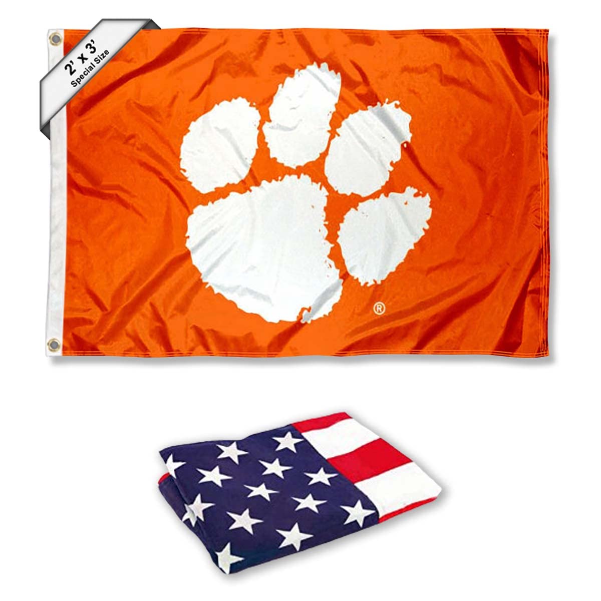 College Flags & Banners Co. Clemson Small 2'x3' Flag and USA 3x5 Flag Set - Sports Collectibles, Sports Memorabilia, Sports Fan Shop, Sports Gifts