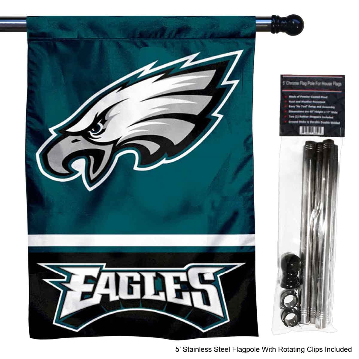 WinCraft Eagles Banner House Flag and 5 Foot Flagpole Set - Sports Collectibles, Sports Memorabilia, Sports Fan Shop, Sports Gifts