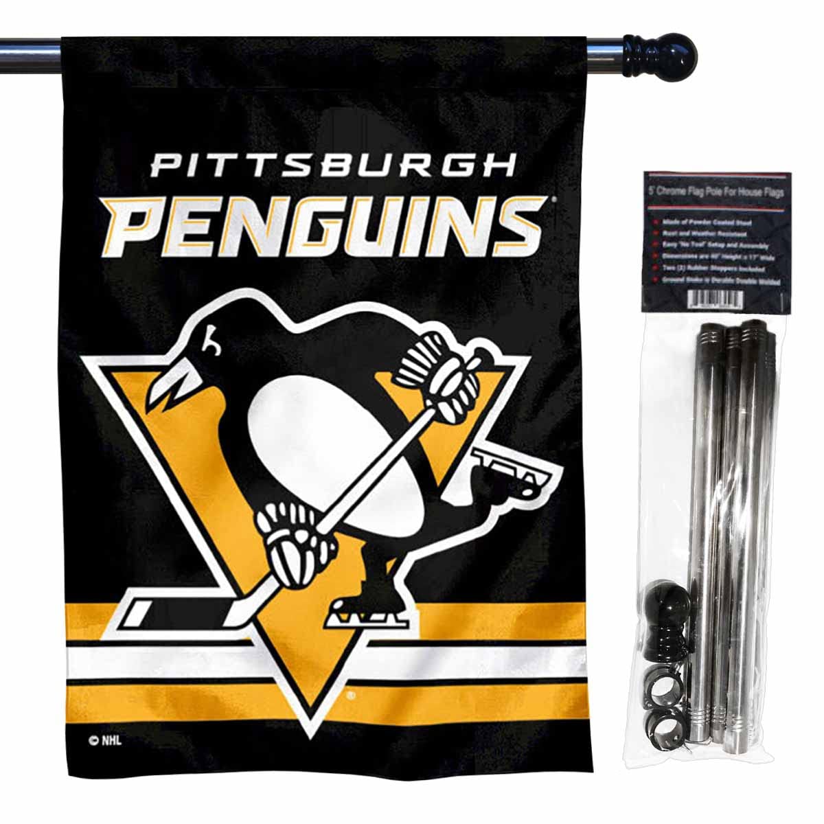 WinCraft Penguins Banner House Flag and 5 Foot Flagpole Set - Sports Collectibles, Sports Memorabilia, Sports Fan Shop, Sports Gifts