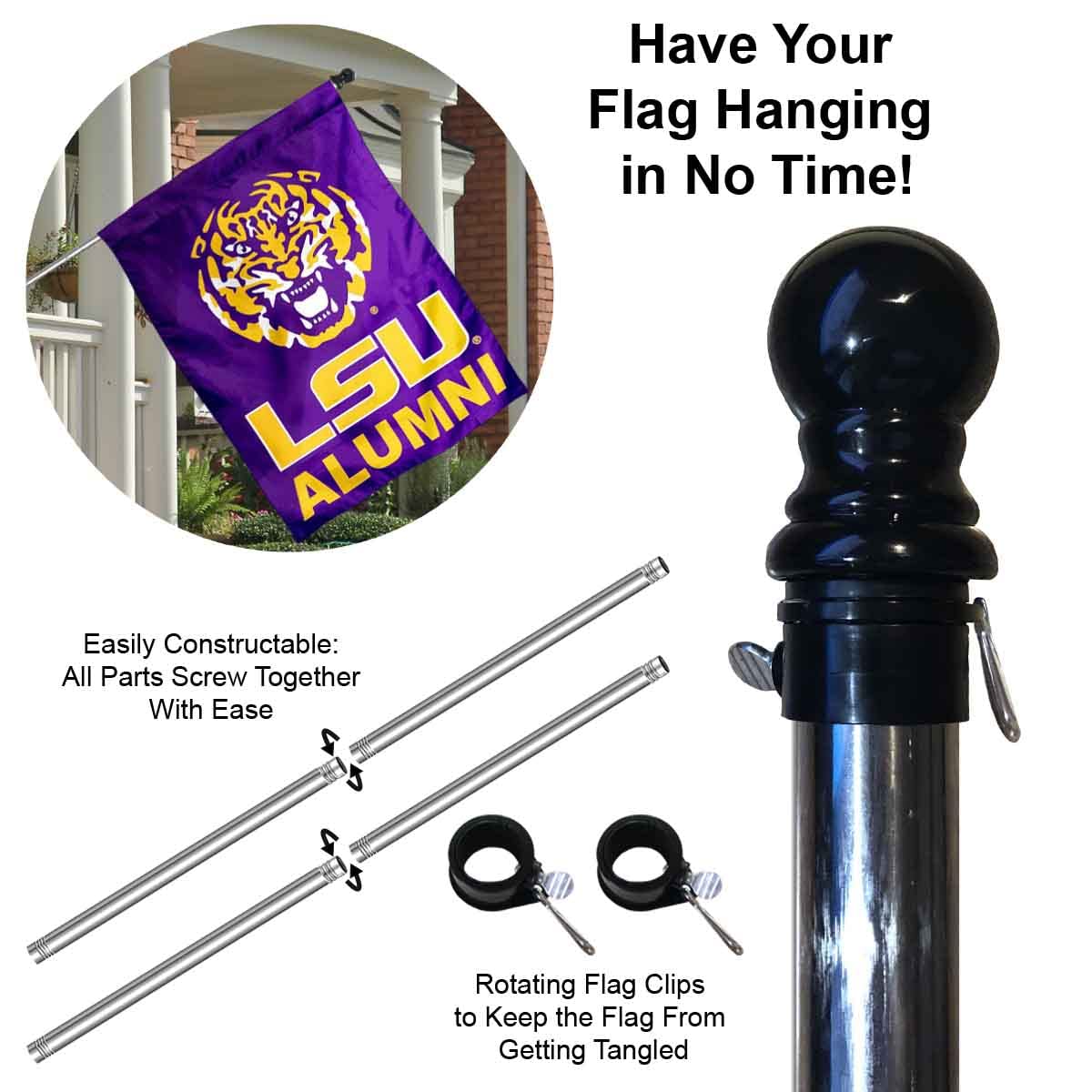 College Flags & Banners Co. Louisiana State LSU Tigers Alumni Double Sided House Flag with Flag Pole Set - Sports Collectibles, Sports Memorabilia, Sports Fan Shop, Sports Gifts