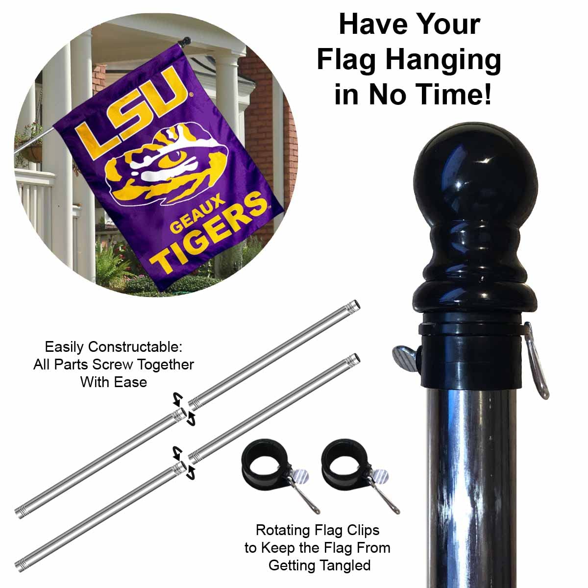 College Flags & Banners Co. LSU Geaux Tigers House Flag with Flag Pole Set - Sports Collectibles, Sports Memorabilia, Sports Fan Shop, Sports Gifts
