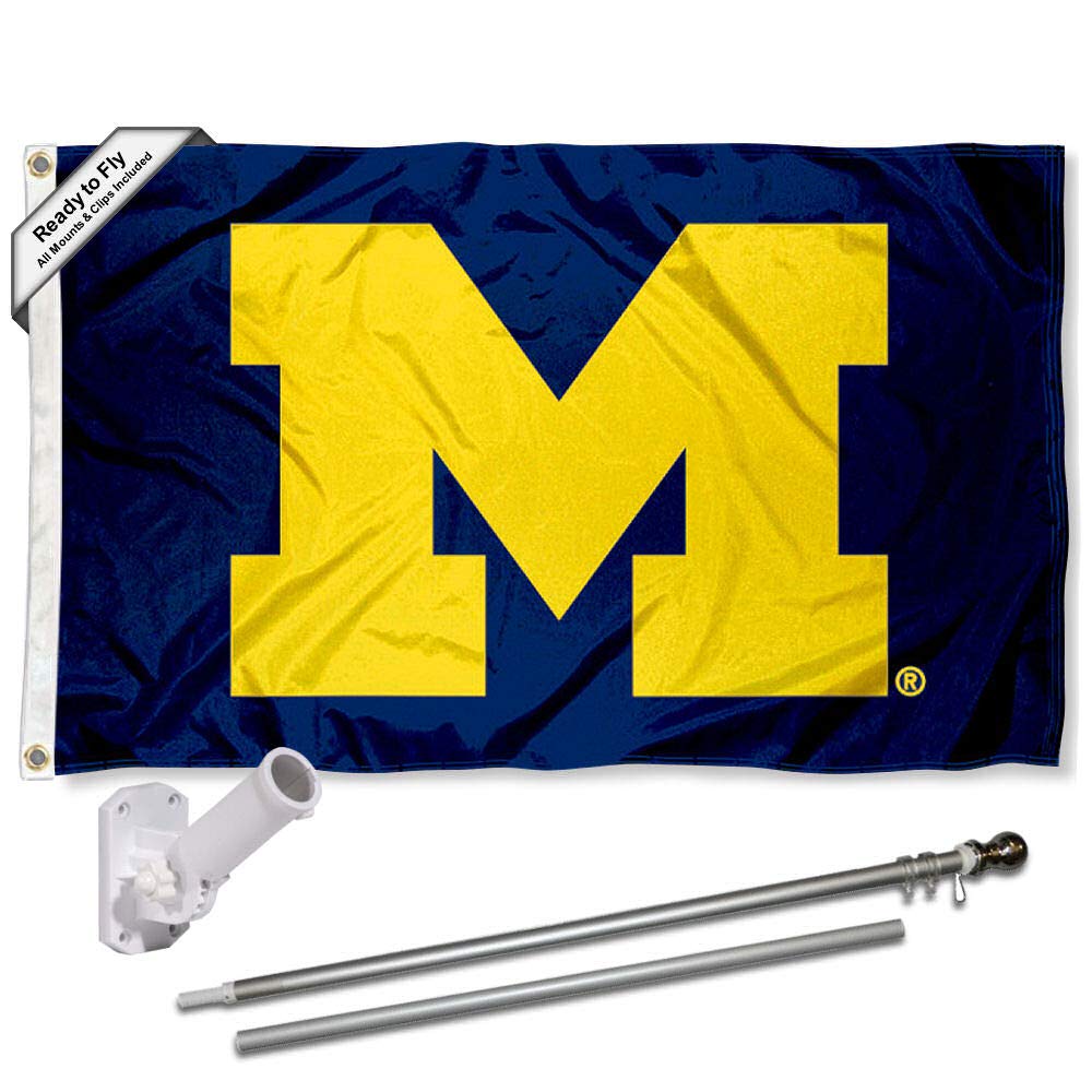 College Flags & Banners Co. Michigan Team University Wolverines Block M Flag with Pole and Bracket Kit - Sports Collectibles, Sports Memorabilia, Sports Fan Shop, Sports Gifts