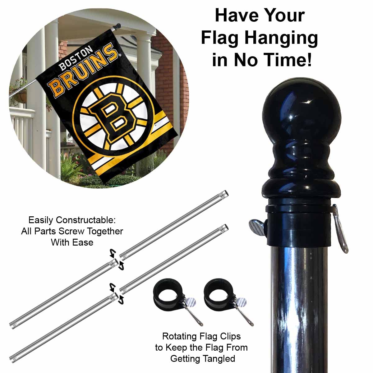WinCraft Bruins Banner House Flag and 5 Foot Flagpole Set - Sports Collectibles, Sports Memorabilia, Sports Fan Shop, Sports Gifts