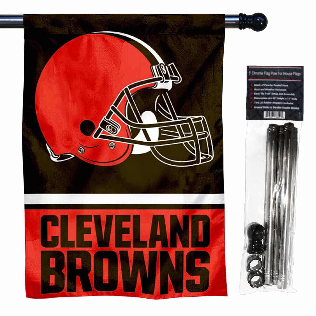 WinCraft Browns Banner House Flag and 5 Foot Flagpole Set - Sports Collectibles, Sports Memorabilia, Sports Fan Shop, Sports Gifts