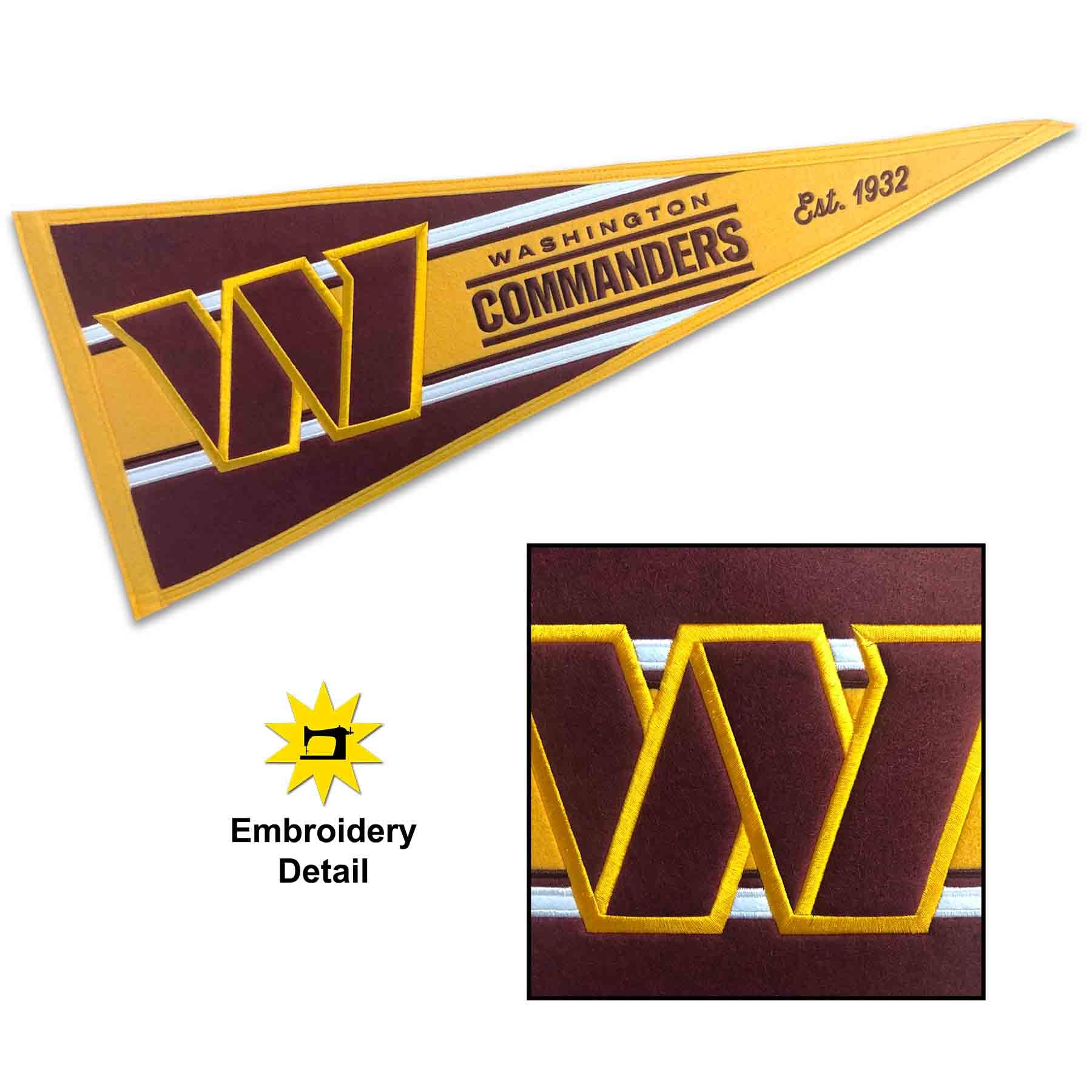 WinCraft Washington Commanders Embroidered and Sewn Pennant - Sports Collectibles, Sports Memorabilia, Sports Fan Shop, Sports Gifts