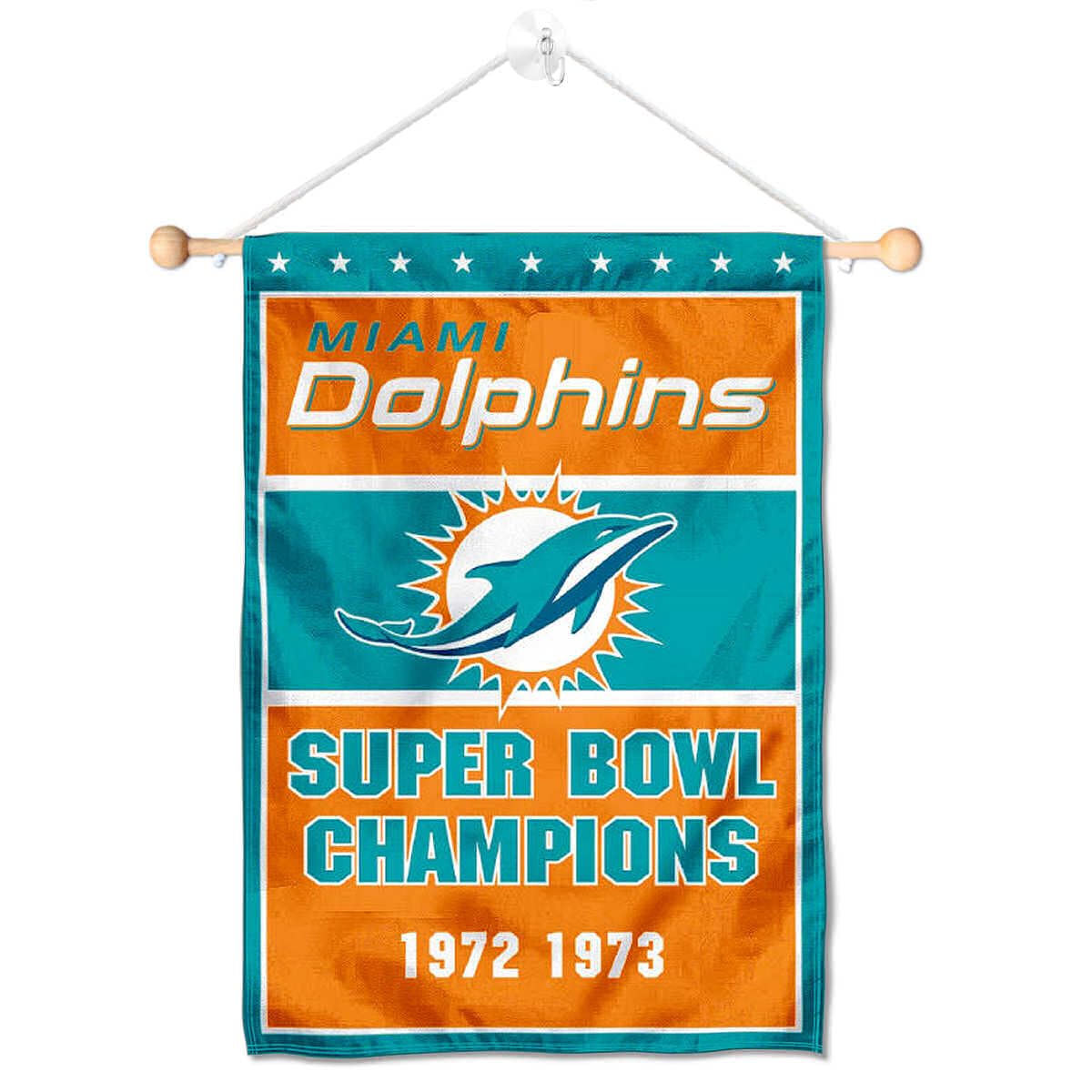Miami Dolphins 2 Time Champions Banner Window Wall Hanging Flag with Suction Cup - Sports Collectibles, Sports Memorabilia, Sports Fan Shop, Sports Gifts