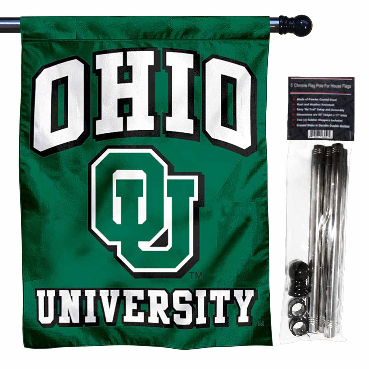 College Flags & Banners Co. Ohio University House Flag with Flag Pole Set - Sports Collectibles, Sports Memorabilia, Sports Fan Shop, Sports Gifts