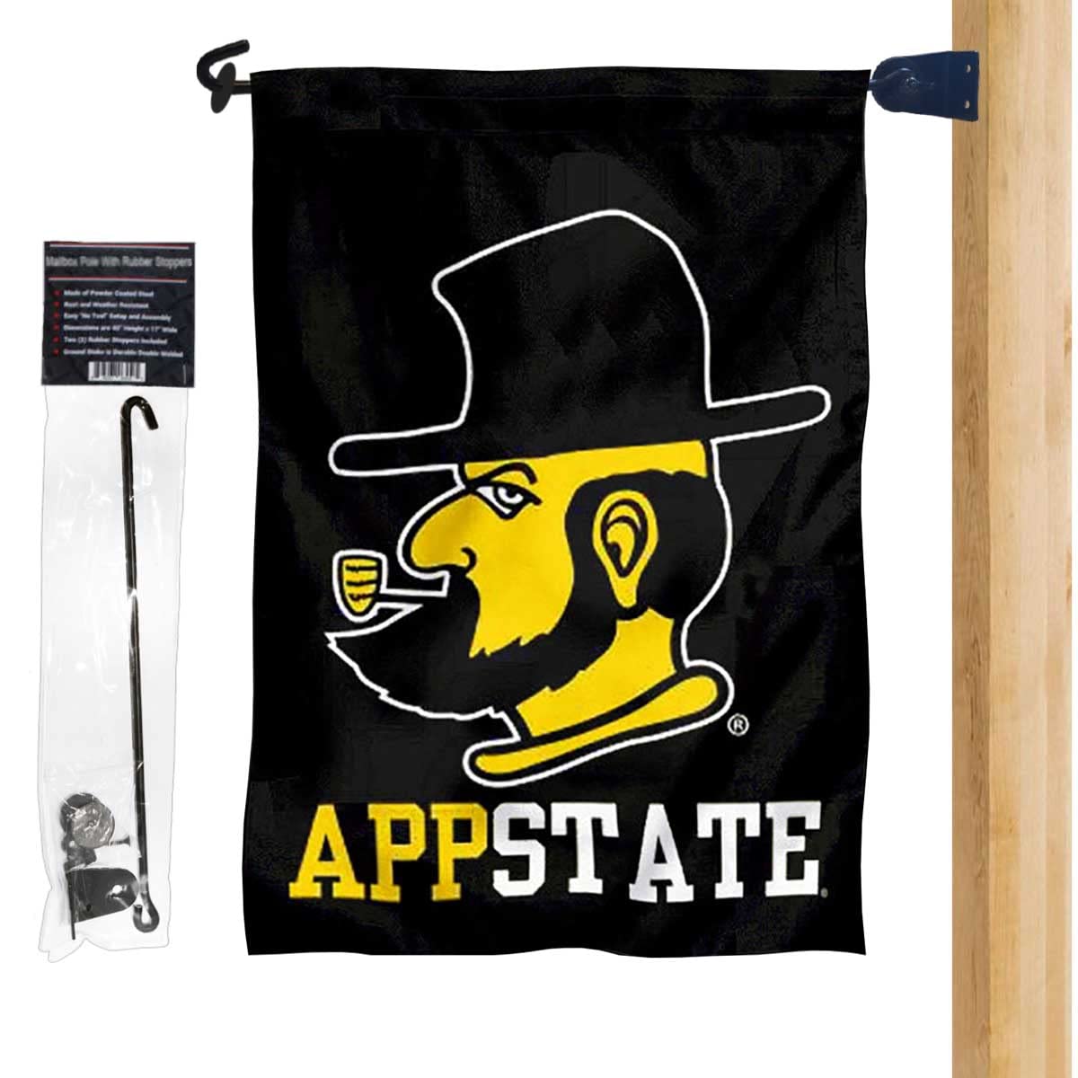 College Flags & Banners Co. App State Yosef Mascot Logo Garden Flag and Mailbox Post Pole Mount Holder Set - Sports Collectibles, Sports Memorabilia, Sports Fan Shop, Sports Gifts
