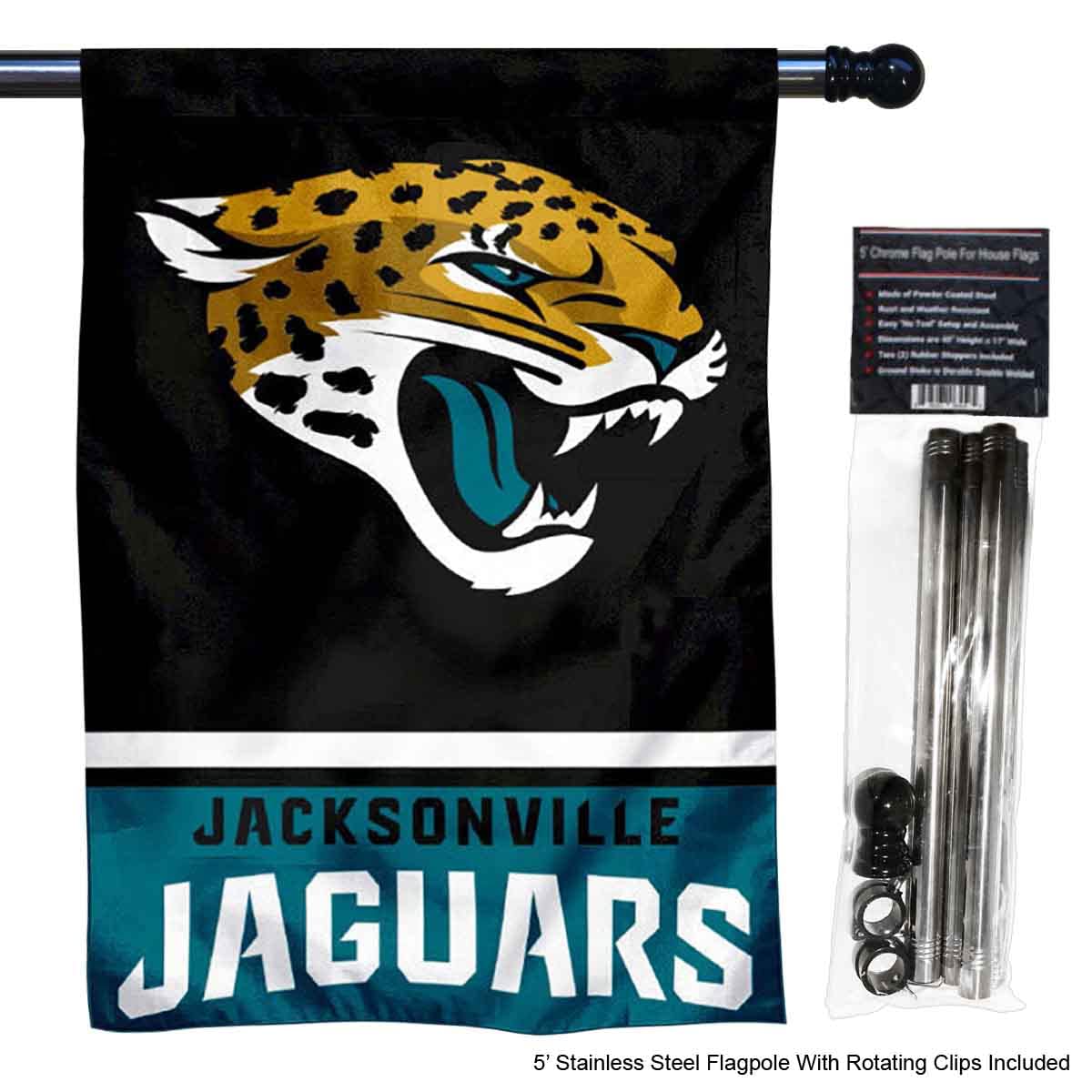 WinCraft Jaguars Banner House Flag and 5 Foot Flagpole Set - Sports Collectibles, Sports Memorabilia, Sports Fan Shop, Sports Gifts
