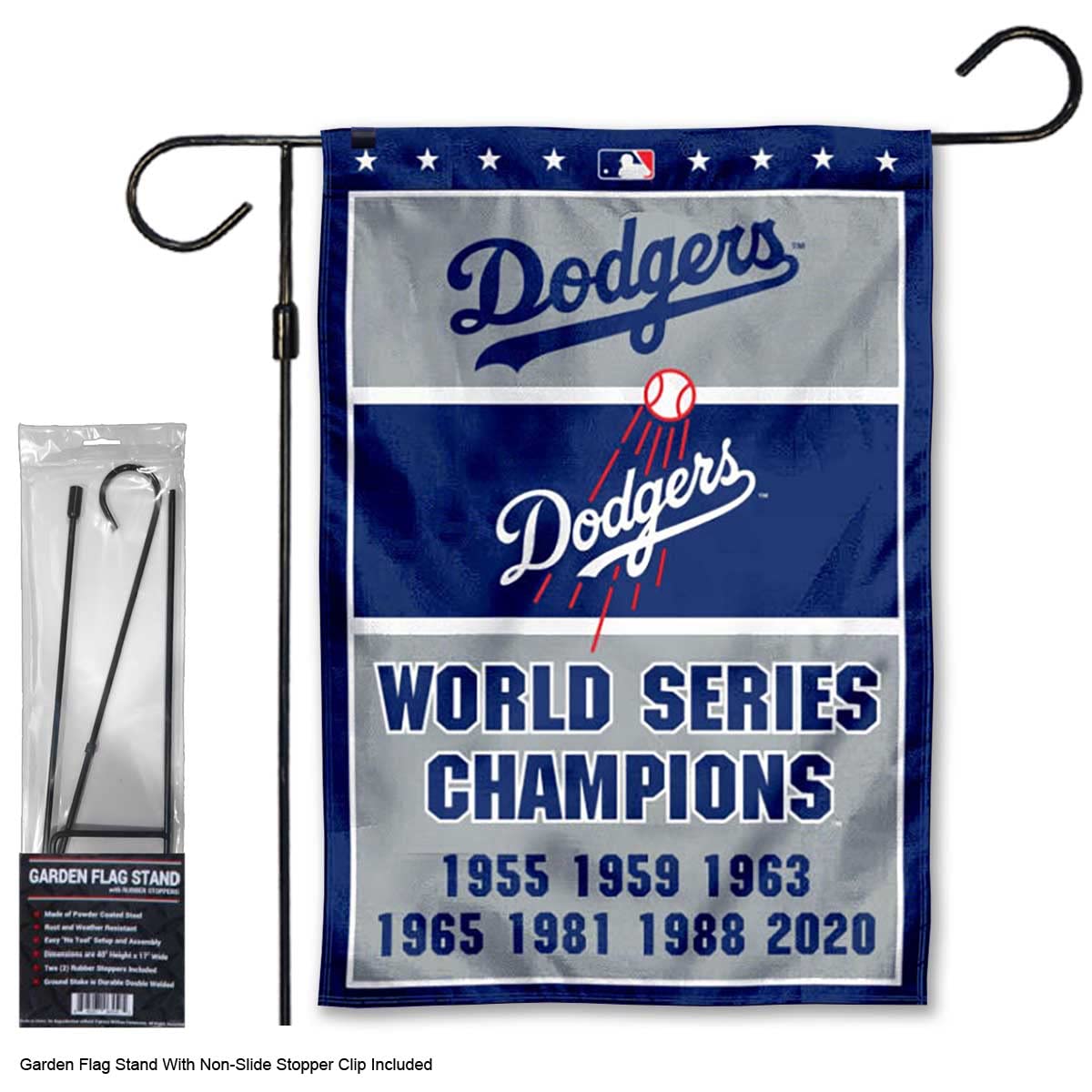 WinCraft Dodgers 7 Time Champions Garden Flag with Stand Holder Flagpole - Sports Collectibles, Sports Memorabilia, Sports Fan Shop, Sports Gifts