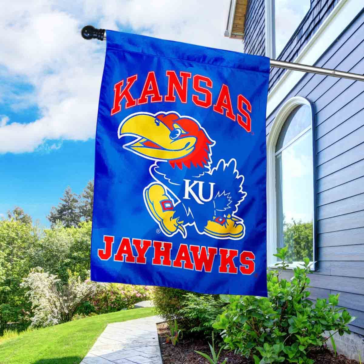 College Flags & Banners Co. Kansas KU Jayhawks Logo House Flag with Flag Pole Set - Sports Collectibles, Sports Memorabilia, Sports Fan Shop, Sports Gifts