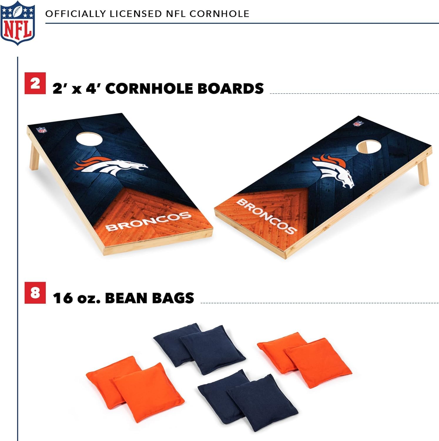 Wild Sports NFL Denver Broncos 2' x 4' Regulation Size Solid Wood Cornhole Set with Direct Print HD Team Graphics - Sports Collectibles, Sports Memorabilia, Sports Fan Shop, Sports Gifts