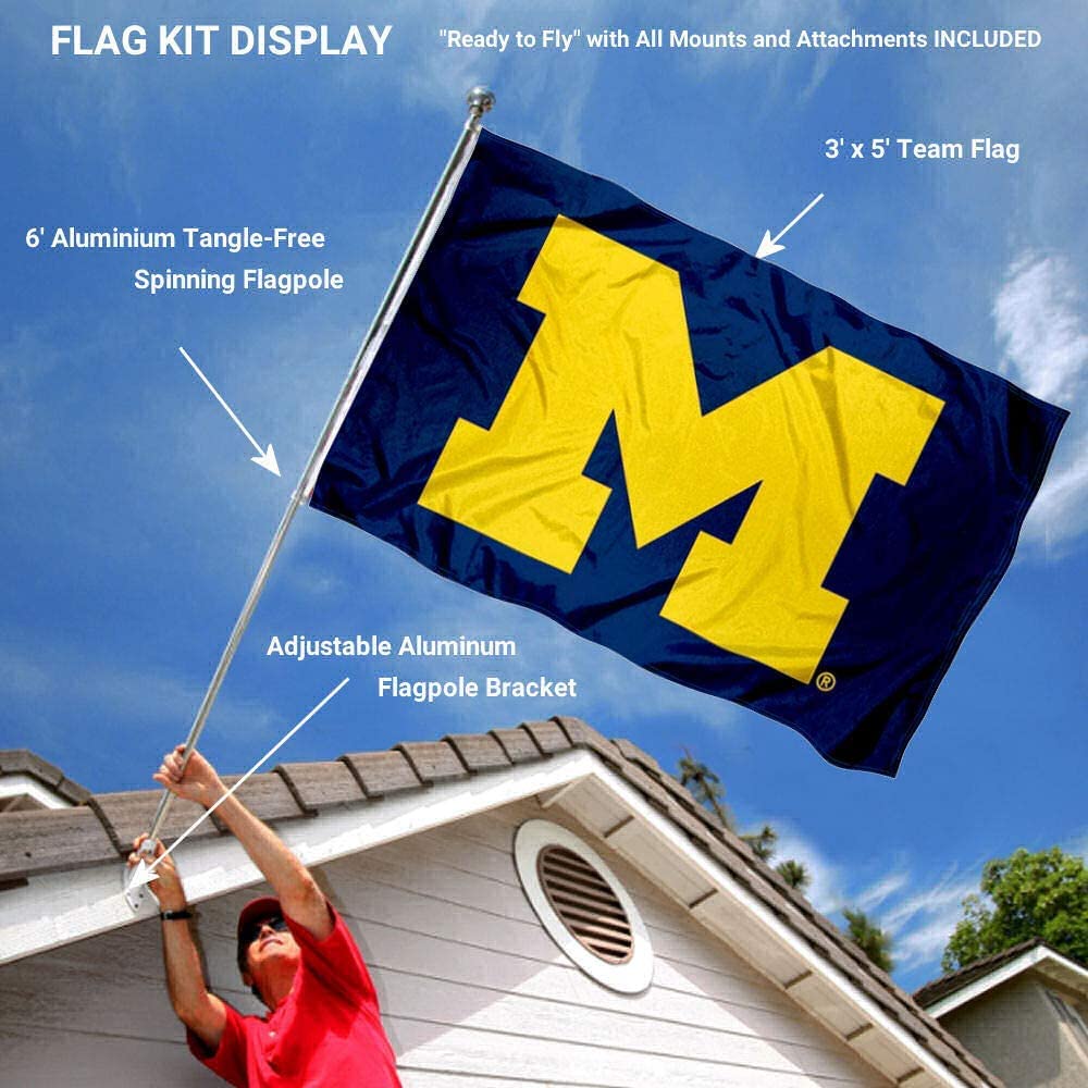 College Flags & Banners Co. University of Michigan Block M Flag and Pole Bracket Mount Bundle - Sports Collectibles, Sports Memorabilia, Sports Fan Shop, Sports Gifts