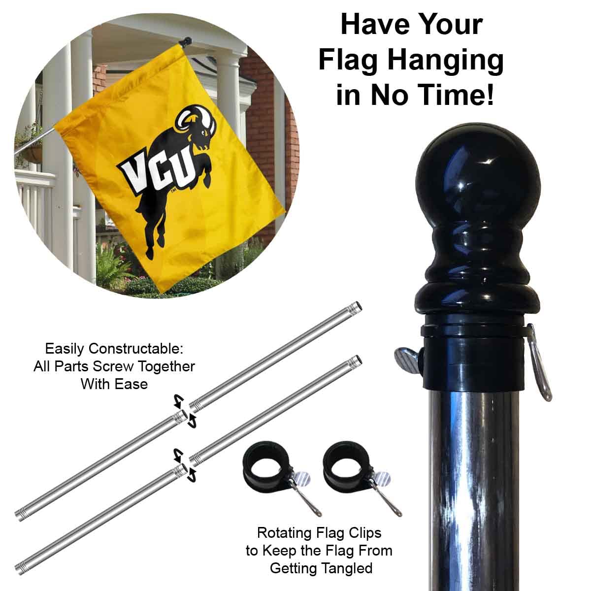 College Flags & Banners Co. VCU Jumping Ram Logo Banner Flag with Pole Set - Sports Collectibles, Sports Memorabilia, Sports Fan Shop, Sports Gifts