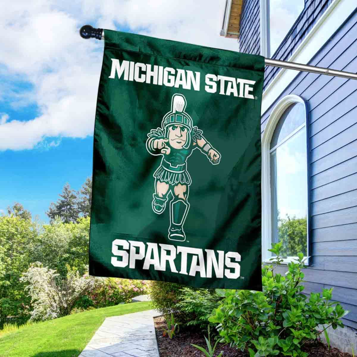 Michigan State Spartans Running Sparty Double Sided House Flag with Flag Pole Set - Sports Collectibles, Sports Memorabilia, Sports Fan Shop, Sports Gifts