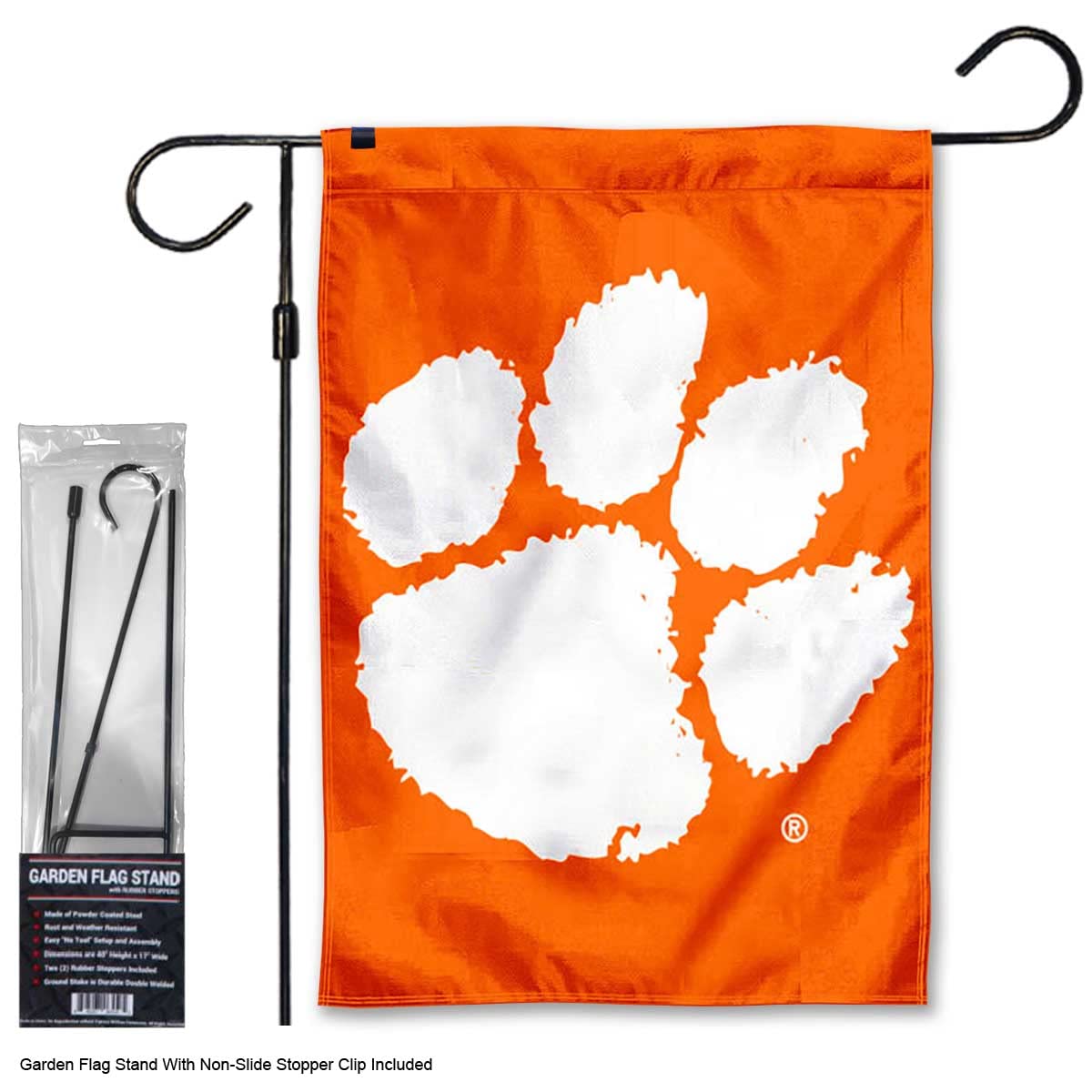 College Flags & Banners Co. Clemson Tigers Paw Garden Banner Flag with Stand Pole Holder - Sports Collectibles, Sports Memorabilia, Sports Fan Shop, Sports Gifts