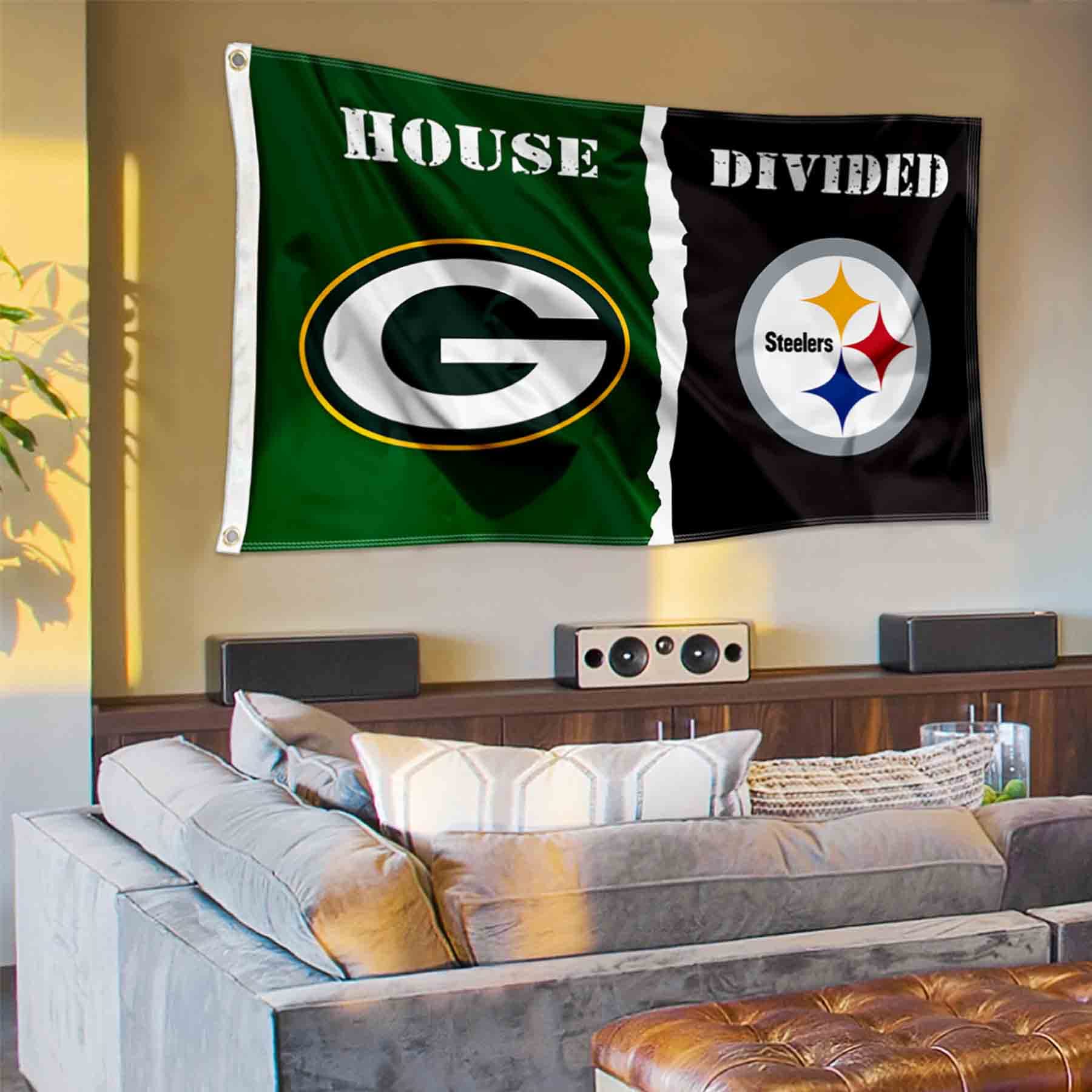 WinCraft Packers and Steelers House Divided Flag Rivalry Banner - Sports Collectibles, Sports Memorabilia, Sports Fan Shop, Sports Gifts