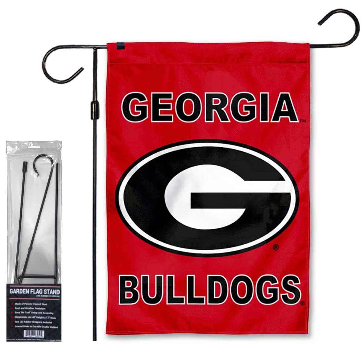 Georgia Bulldogs Dual Logo Garden Banner Flag with Stand Pole Holder - Sports Collectibles, Sports Memorabilia, Sports Fan Shop, Sports Gifts