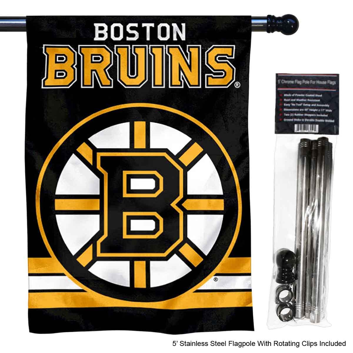 WinCraft Bruins Banner House Flag and 5 Foot Flagpole Set - Sports Collectibles, Sports Memorabilia, Sports Fan Shop, Sports Gifts