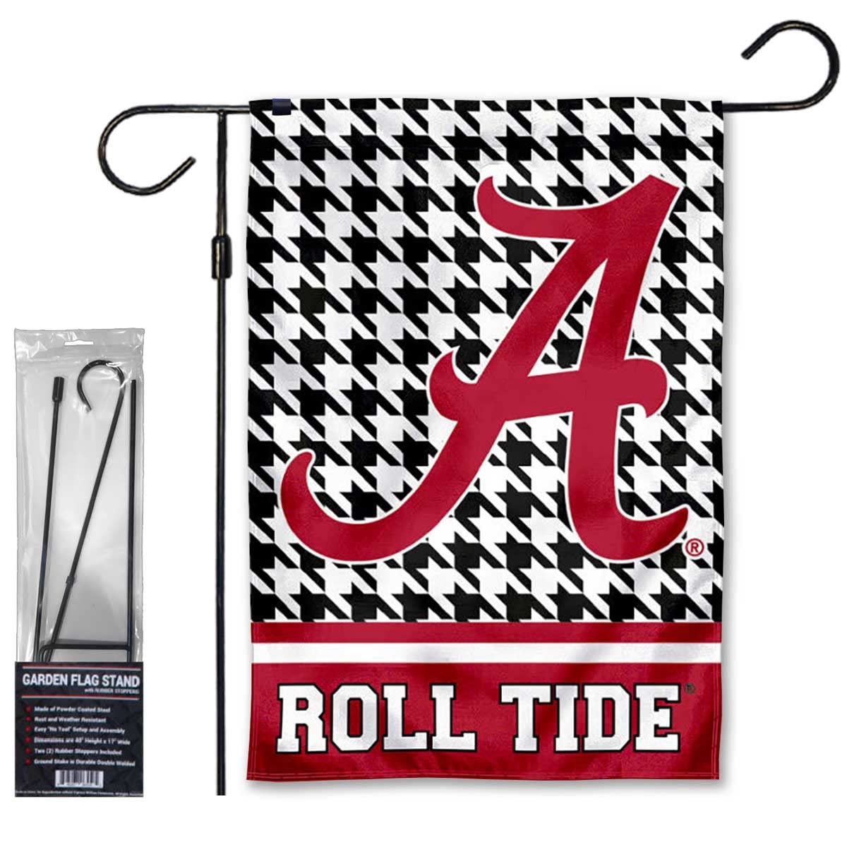 Alabama Crimson Tide Houndstooth Pattern Garden Banner Flag with Stand Pole Holder - Sports Collectibles, Sports Memorabilia, Sports Fan Shop, Sports Gifts