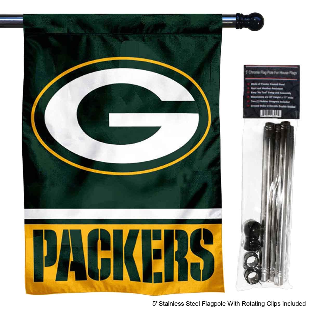 WinCraft Packers Banner House Flag and 5 Foot Flagpole Set - Sports Collectibles, Sports Memorabilia, Sports Fan Shop, Sports Gifts
