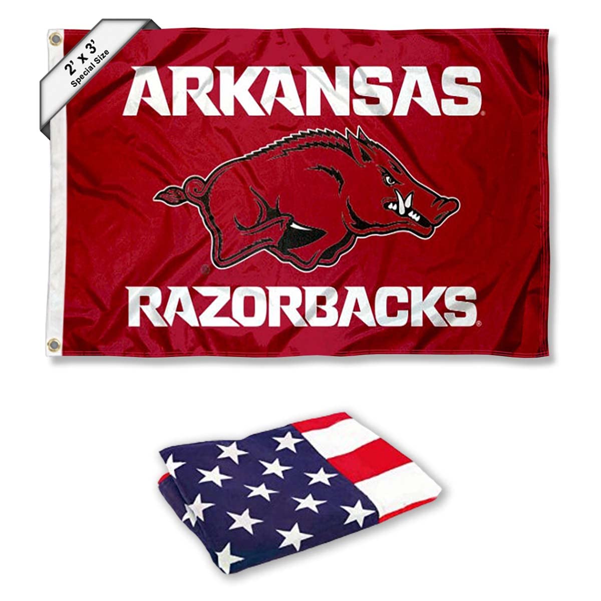 College Flags & Banners Co. Arkansas Razorbacks Small 2'x3' Flag and USA 3x5 Flag Set - Sports Collectibles, Sports Memorabilia, Sports Fan Shop, Sports Gifts