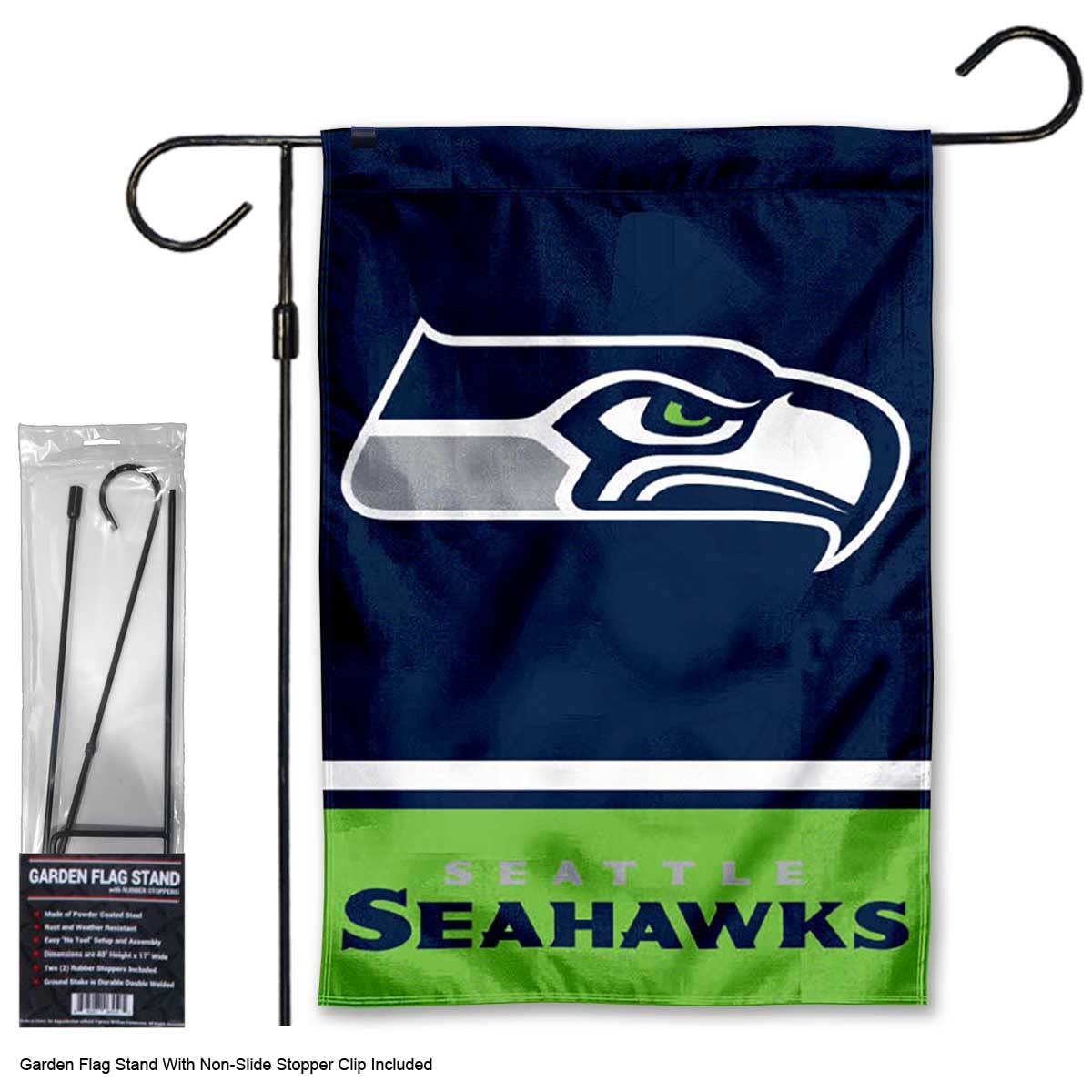 WinCraft Seahawks Garden Flag and Stand Pole Holder Mount - Sports Collectibles, Sports Memorabilia, Sports Fan Shop, Sports Gifts