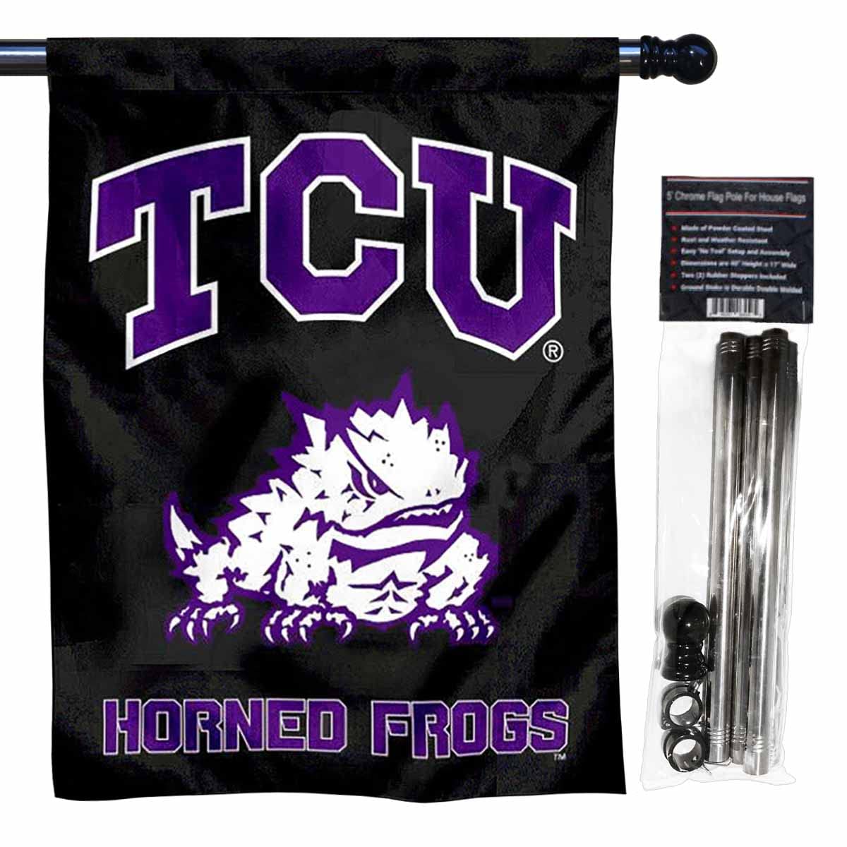 College Flags & Banners Co. Texas Christian TCU Black Banner Flag with Flag Pole Set - Sports Collectibles, Sports Memorabilia, Sports Fan Shop, Sports Gifts