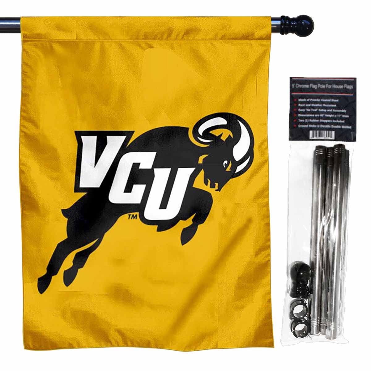 College Flags & Banners Co. VCU Jumping Ram Logo Banner Flag with Pole Set - Sports Collectibles, Sports Memorabilia, Sports Fan Shop, Sports Gifts