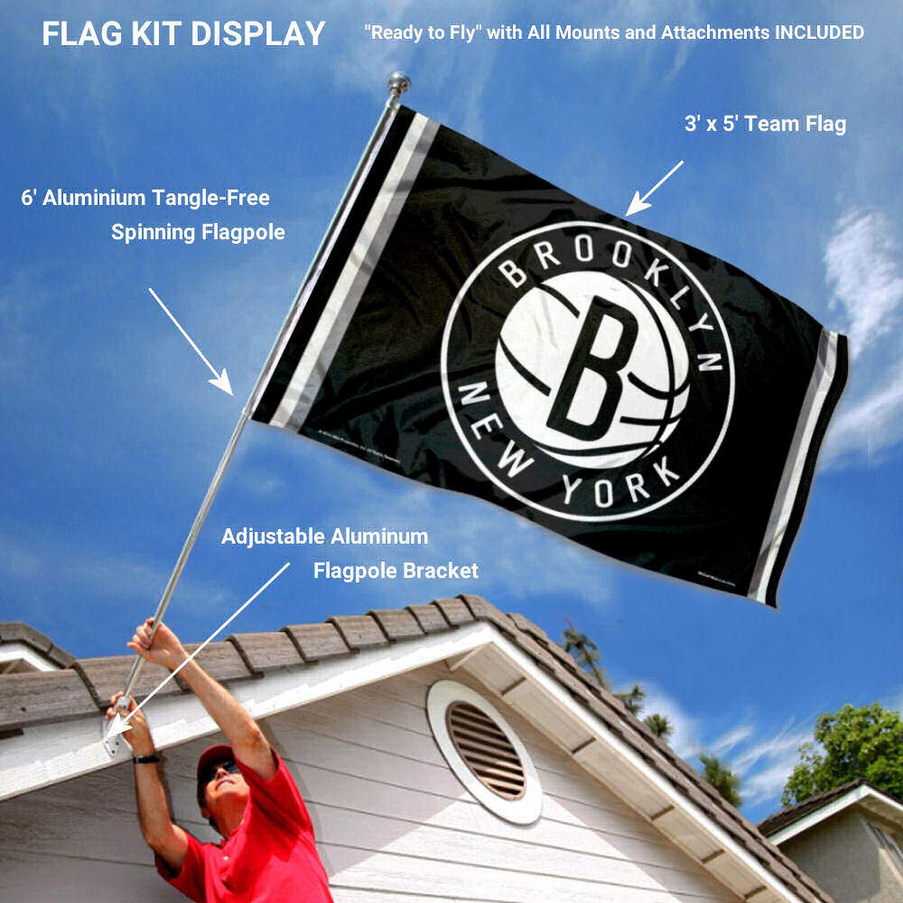 WinCraft Brooklyn Nets Flag Pole and Bracket Set - Sports Collectibles, Sports Memorabilia, Sports Fan Shop, Sports Gifts