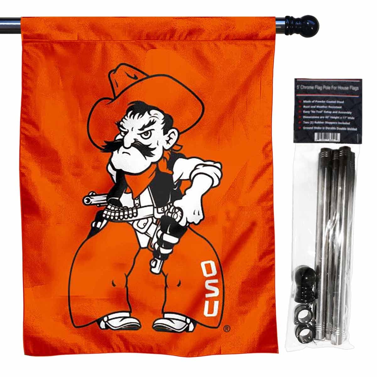 College Flags & Banners Co. OK State Pistol Pete Logo Banner Flag with Flag Pole Set - Sports Collectibles, Sports Memorabilia, Sports Fan Shop, Sports Gifts